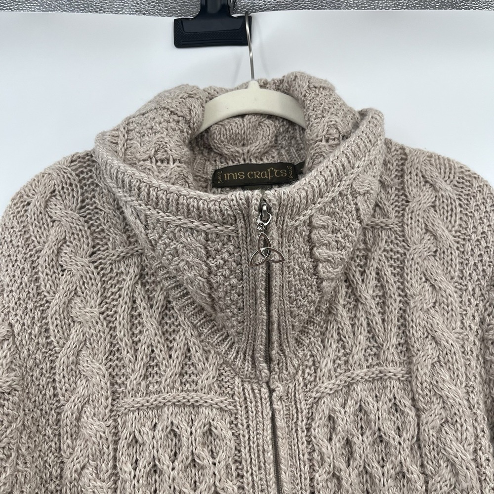 inis crafts merino 100% wool Sweater L Tan Long Full Zip Cable Knit Ireland Boho - Picture 6 of 12